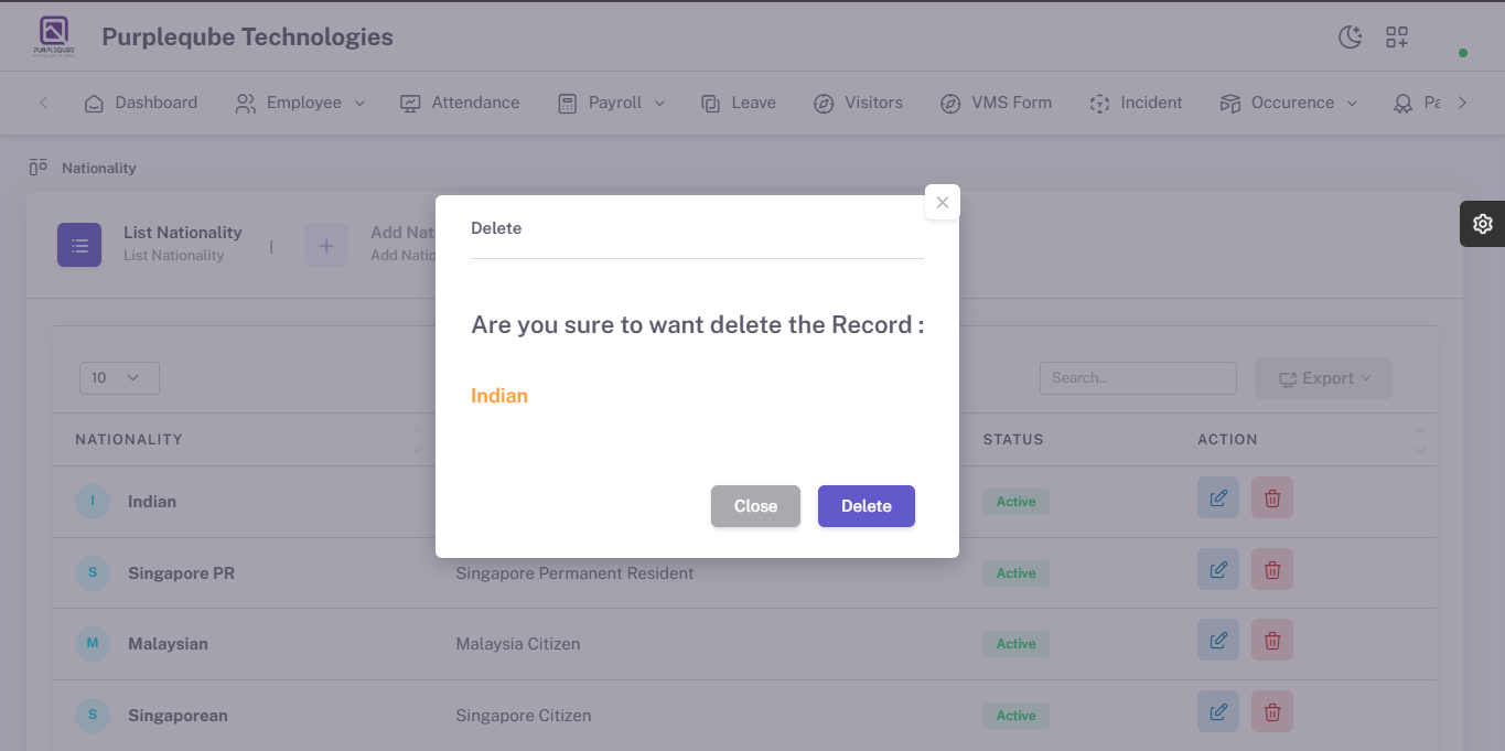 Delete confirmation dialog showing the nationality name to be deleted